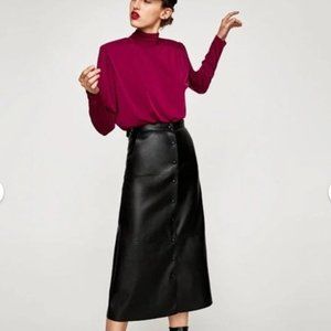 Zara Faux Leather Midi Skirt High Waist With Buttons